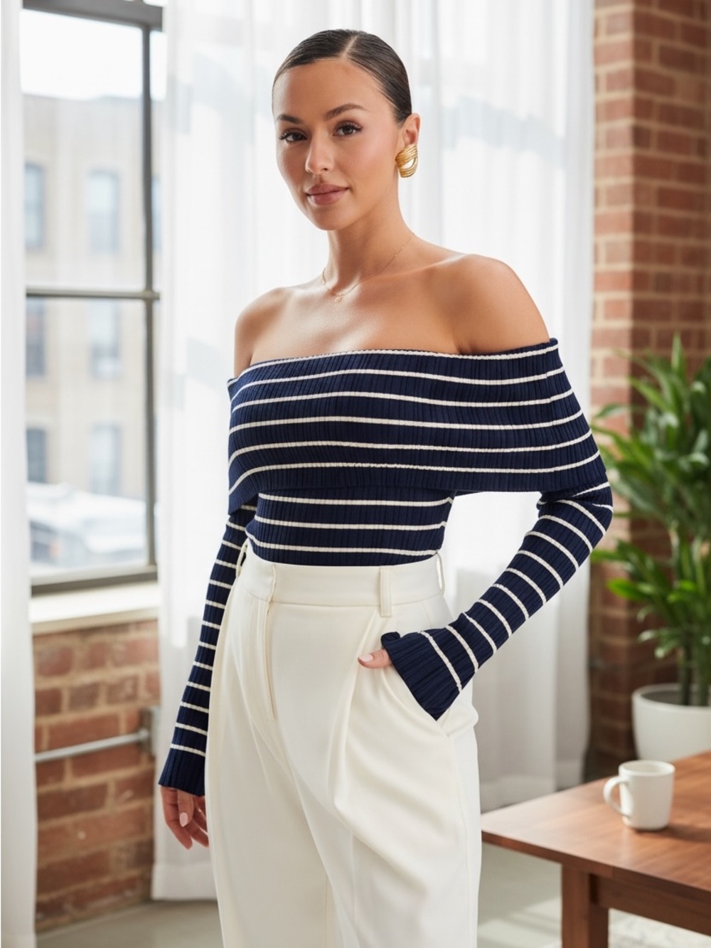 Meshki Dominica Navy White Off-Shoulder Stripe Knit Top Nautical Coastal Sz M